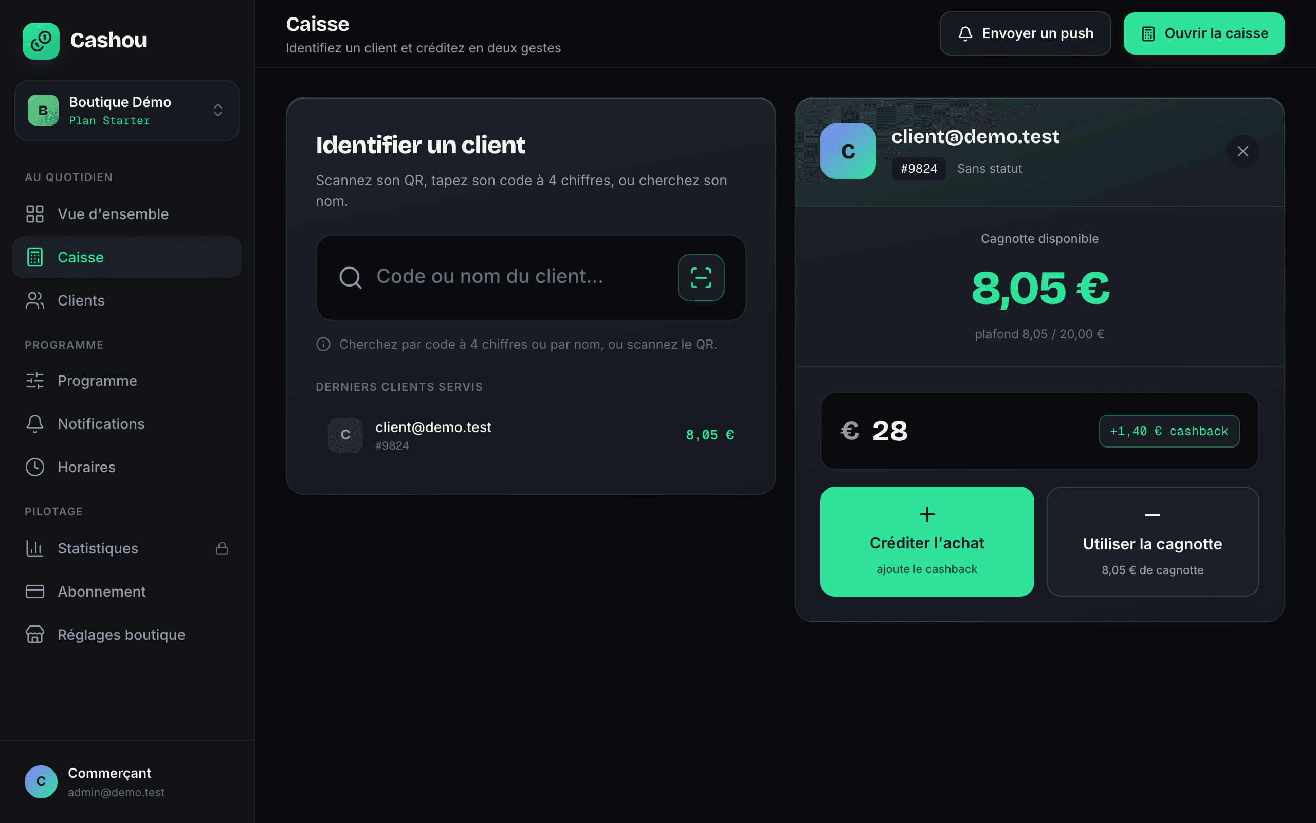 Le dashboard commerçant — la caisse